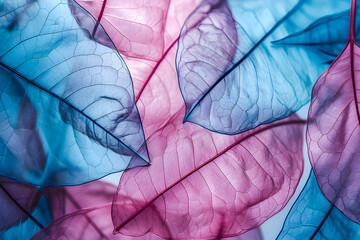 Macro leaves background texture blue, turquoise, pink color. Transparent leaves of the skeleton. Generate Ai