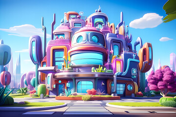 wonderful and colorful futuristic house in cartoon style in a magical city, Generate Ai