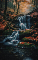 Fototapeta na wymiar Landscape photo of waterfall in the forest during autumn season