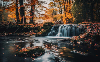 Landscape photo of waterfall in the forest during autumn season