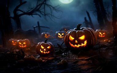 Obraz premium Halloween pumpkins head jack lantern with burning candles. Spooky Forest. Halloween backdrop.