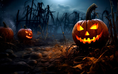 Halloween pumpkins head jack lantern with burning candles. Spooky Forest. Halloween backdrop.