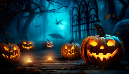 Halloween pumpkins head jack lantern with burning candles. Spooky Forest. Halloween backdrop.