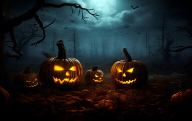 Halloween pumpkins head jack lantern with burning candles. Spooky Forest. Halloween backdrop.