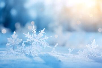Macro snowflake covered with frost in the cold season under the bright sun, blurred background. Transparent leaves of the skeleton, Generate Ai
