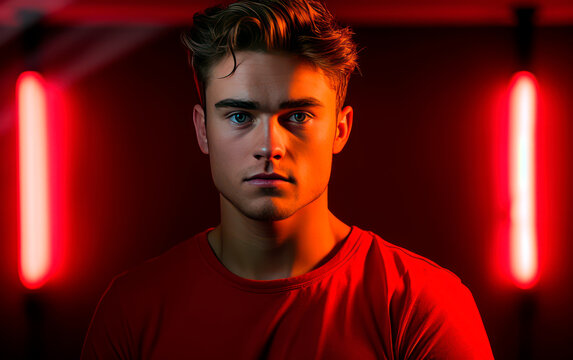 Young man wearing red sweater standing over red background with dramatic lighting.