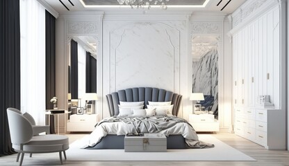 Luxury white master bedroom interior, Generative AI