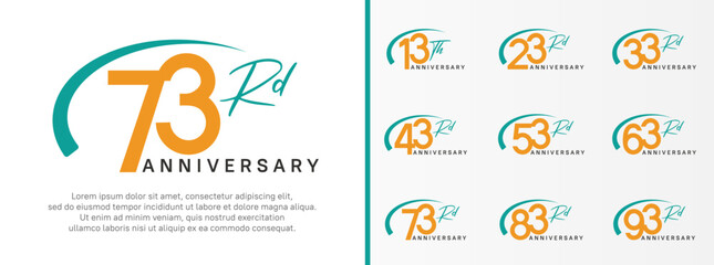 set of anniversary logo yellow color number and green swoosh on white background for celebration