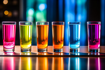 Close-up of multi-colored glasses and bright drinks on the bar counter under neon lights. Generate Ai