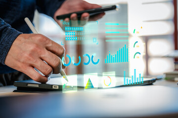 DevOps concept, software development, IT operations, agile programming, Concept with dev ops icon on computer screen and project manager, coder or sysadmin typing on keyboard, high software quality