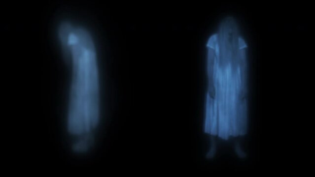 Full-size video capturing two female figures, poltergeist, ghost silhouettes, hologram in front and side view. Black background.