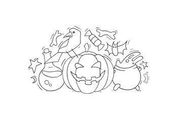Halloween banner with cute icons of pumpkin, crow