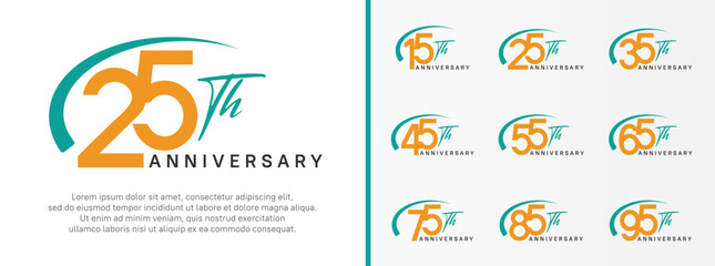 set of anniversary logo yellow color number and green swoosh on white background for celebration - obrazy, fototapety, plakaty