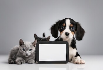 Pug puppy with cat with blank for text. On background, holidays and sales concept