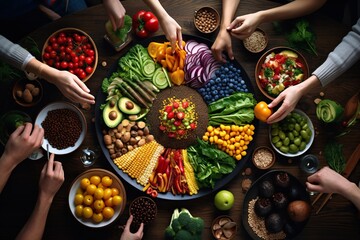 rainbow-colored spread of fresh vegetables, grains, and fruits, symbolizing the diverse options in a vegetarian diet
