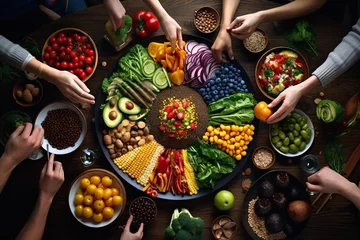 Poster rainbow-colored spread of fresh vegetables, grains, and fruits, symbolizing the diverse options in a vegetarian diet © Christian
