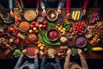 rainbow-colored spread of fresh vegetables, grains, and fruits, symbolizing the diverse options in...