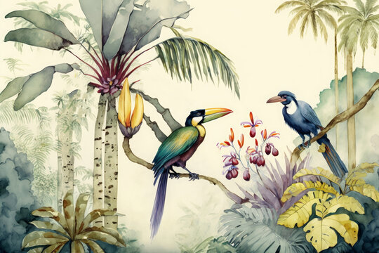 Watercolor style, high quality painting, landscape on a tropical forest with trees, palms and branches standing on it, colorful birds and fruits in coordinating colors, Generative AI