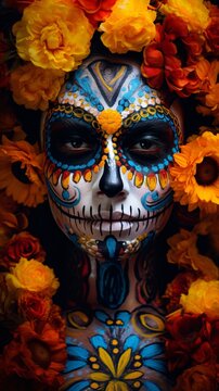 close-up of a woman's face, intricately painted with vibrant colors and skull motifs, representing the spirit and essence of Dia de los Muertos