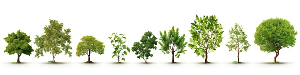 Fototapeta premium Whispers of woods. Botanical symphony. Nature diversity. Trees in summer splendor. Botanical elegance. Leaves branches and life. Tree on white background isolated