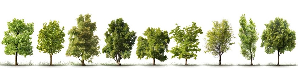 Fototapeta premium Whispers of woods. Botanical symphony. Nature diversity. Trees in summer splendor. Botanical elegance. Leaves branches and life. Tree on white background isolated