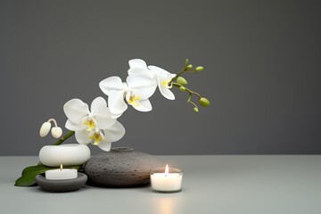Obraz na płótnie Canvas Beautiful home floral decoration with white orchids and candles on a pure gray background.