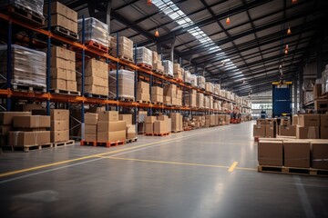 A large warehouse with numerous items. Rows of shelves with boxes.