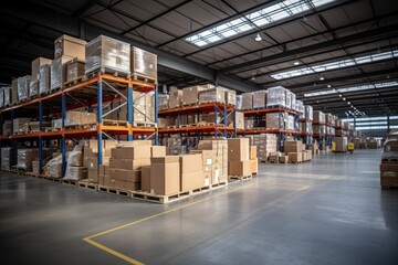 Obraz premium A large warehouse with numerous items. Rows of shelves with boxes.