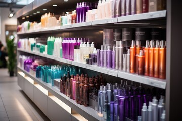 Modern and colorful display case in a cosmetics boutique with a variety of hair care products. - obrazy, fototapety, plakaty