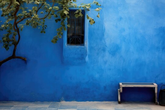 Blue wall with tree branches and a window in the middle.