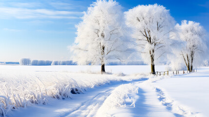 Fototapeta na wymiar Winterlandschaft mit Bäumen im Schnee. Generiert mit KI