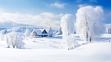 Fototapeta na wymiar Winterlandschaft mit Bäumen im Schnee. Generiert mit KI