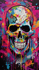 Fototapeta premium Pintura em tela de pôster de graffiti abstrato, caveira pop art retrato impressão de pôster, arte de parede