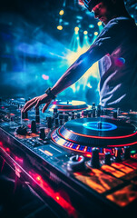 Disc jockey at the turntable at nightclub during party