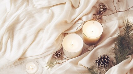 A collection of festive candles, pine branches, and fairy lights on a soft white fabric