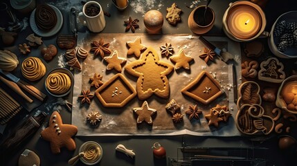 Homemade gingerbread cookies in various shapes alongside baking tools and ingredients on a kitchen counter