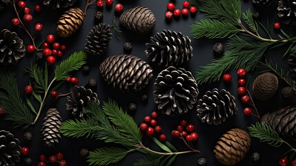 Pinecones, holly leaves, and berries artistically arranged on a matte black surface