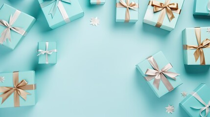 Variety of wrapped gifts with festive ribbons and tags on a pastel blue backdrop
