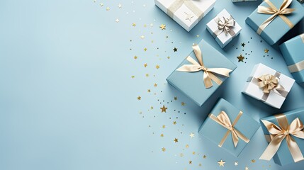 Variety of wrapped gifts with festive ribbons and tags on a pastel blue backdrop