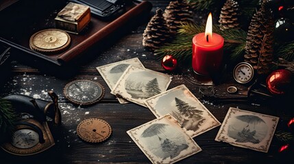 Obraz na płótnie Canvas Vintage Christmas postcards surrounded by pine branches and old-fashioned stamps on a marbled table