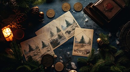 Naklejka na ściany i meble Vintage Christmas postcards surrounded by pine branches and old-fashioned stamps on a marbled table
