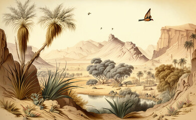 Wallpaper of a desert oasis with valleys, desert birds and butterflies in a landscape, vintage drawing, Generative AI