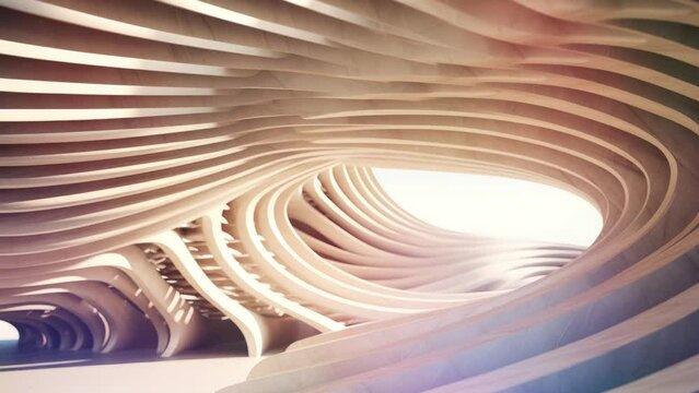 Abstract of wooden pattern, twisted shape, architecture details, Perspective of future building design, Parametric wall. 3D animation.