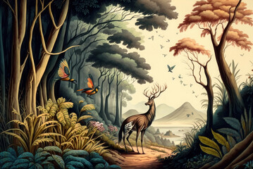 Jungle wallpaper, tropical forests with valleys, deer, colorful birds and butterflies, Generative AI