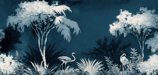 Fototapeta na wymiar Jungle Tropical Forest Palm tree Painting of white and blue mod, Generative AI