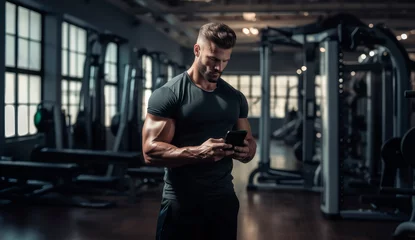 Papier Peint photo Fitness muscular boy in the gym talking on the cell phone