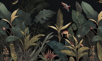 wallpaper palm tropical forest vintage jungle pattern with birds dark black background, Generative AI