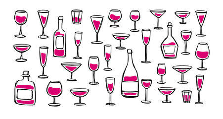 A large set of wine glasses and bottles in doodle style. Red wine
