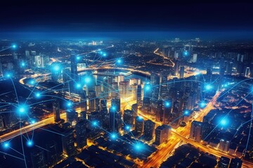 Smart city and big data connection technology, abstract line connection on night city background, communication network concept, Data storage, service, online, financial, Connectivity global