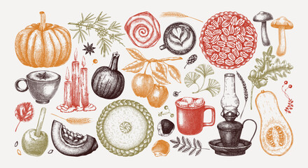 Vintage autumn hand-drawn vector illustration. Pumpkin, hot drink, fruit, pie, pastry, fall leaves sketches. Thanksgiving design elements in color - 645315703